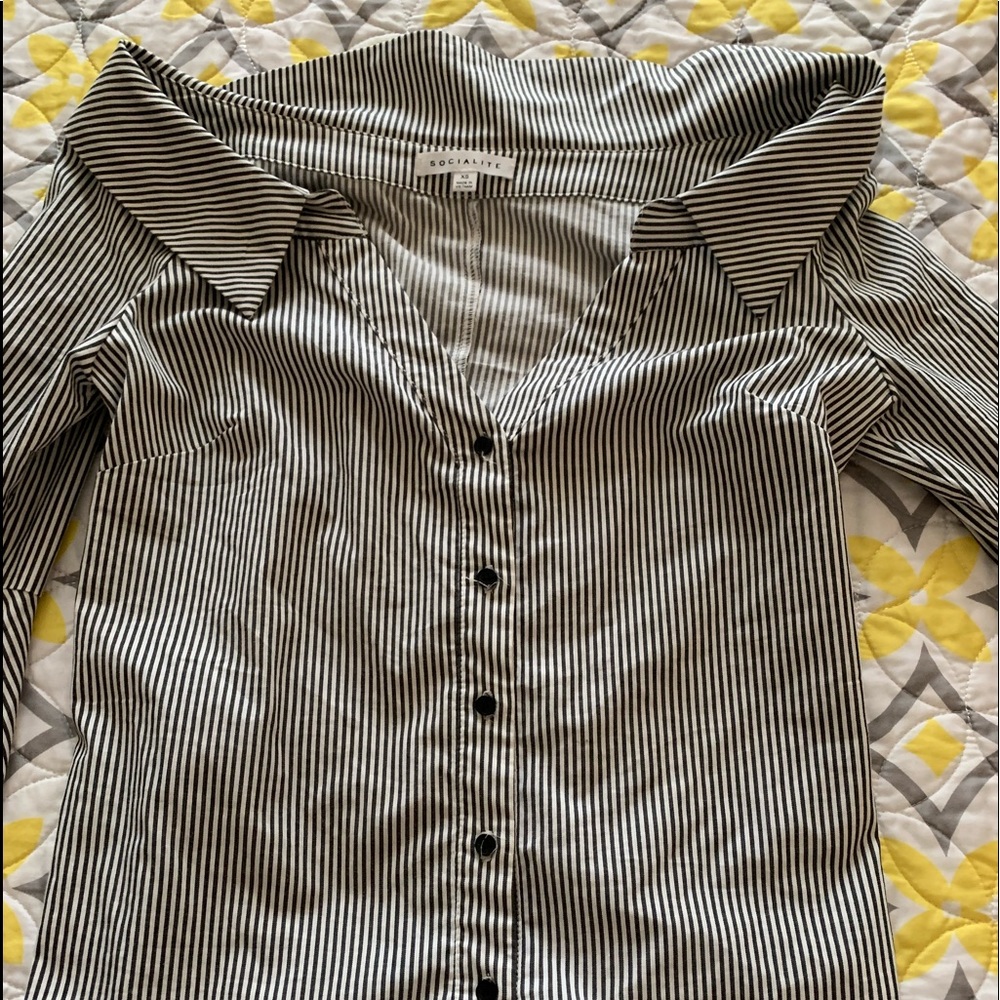 grey and white striped button up with flare sleeve